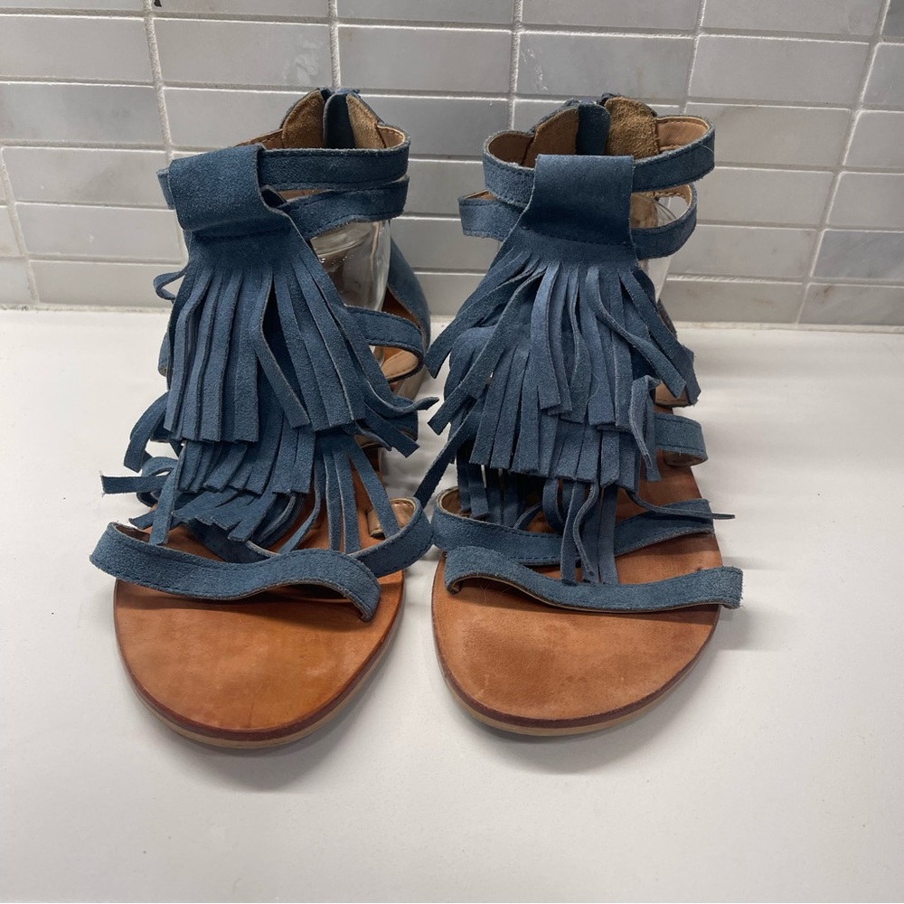Blue Suede Fringe Sandals